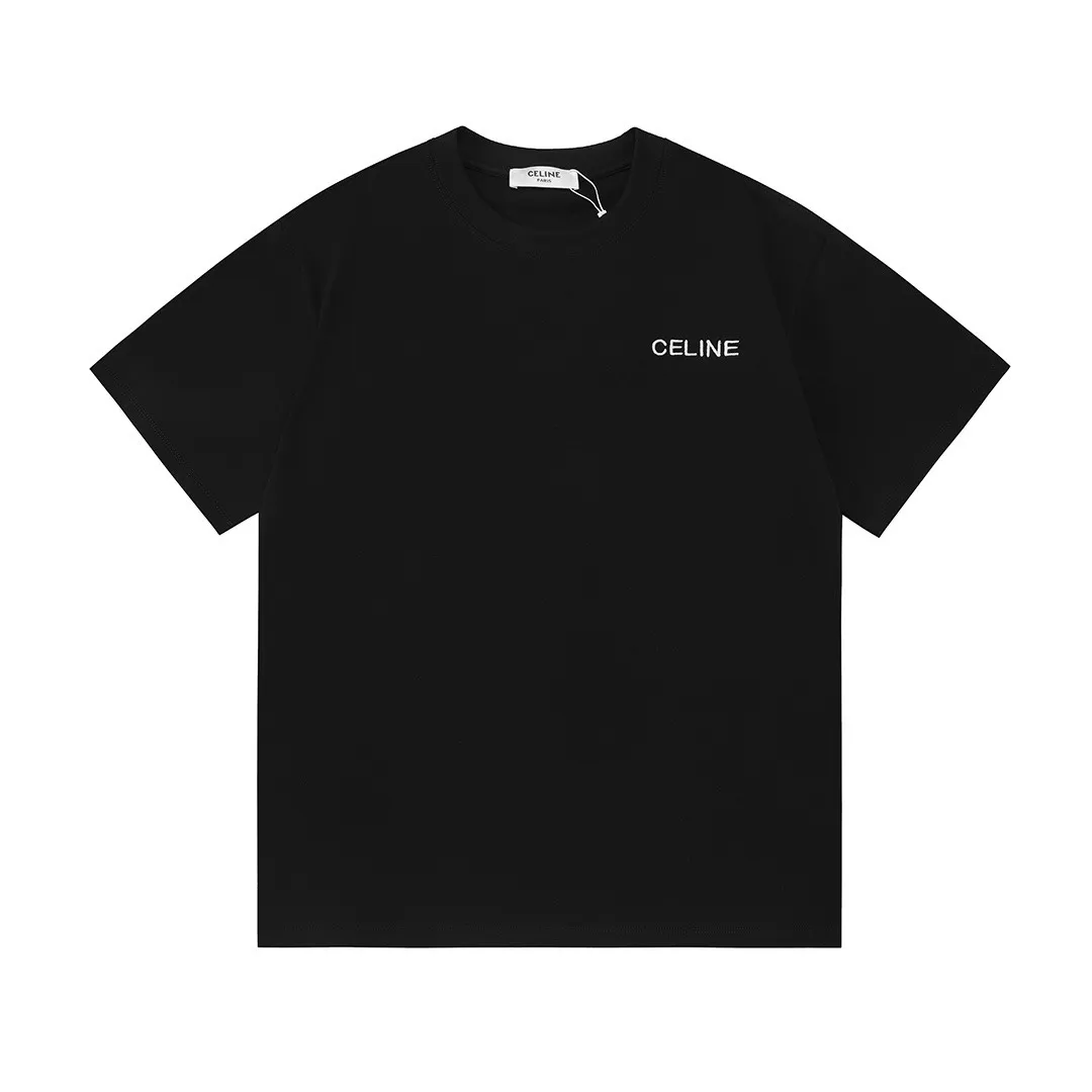 Celine 2026 official website New Arrival Imported machine high-density embroidered small letters logo Men's and women's Same Style short-sleeved T-shirt ·Customized 300 grams of 100% double yarn pure cotton fabric ·Defined dyeing of 32 double-strand threads ·Collar label, hangtag, main mark and three labels complete Color: Black Size: XS S M L